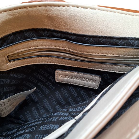 Steve Madden Brown & Taupe Fold Over Flap Shoulder Bag, Gold Chain Accents - Picture 6 of 8